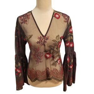 Sheer Brown Floral Embroidered Bell Sleeve Top Whimsigoth Boho‎ Fairycore Size 4
